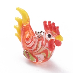 Rooster Handmade Lampwork Pendant Decorations, with Brass Lobster Claw Clasp, Chinese Zodiac, Platinum, Rooster,  37mm, Pendant: 18x24x10mm