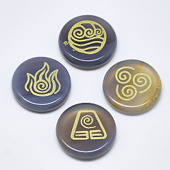 Natural Agate Natural Grey Agate Cabochons, Flat Round with Auspicious Cloud Pattern, 25x5.5mm, 4pcs/set
