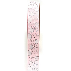 Pink Silver Hot Stamping Cloud Moon Star Pattern Polyester Grosgrain Ribbons, for Hair Bowknots, Gift Packaging Decoration, Pink, 1 inch(25mm), 48 Yards/Roll