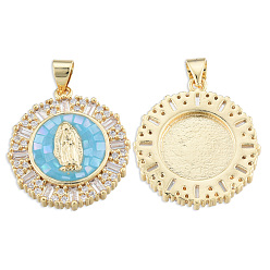 Light Sky Blue Brass Micro Pave Clear Cubic Zirconia Pendants, with Enamel and Shell, Real 18K Gold Plated, Nickel Free, Flat Round with Virgin Mary, Light Sky Blue, 23.5x21x4mm, Hole: 3x4mm