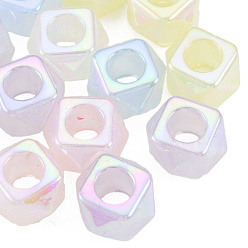 Mixed Color Electroplate Acrylic European Beads, Large Hole Beads, Pearlized, Faceted Cube, Mixed Color, 16x16x10mm, Hole: 7mm