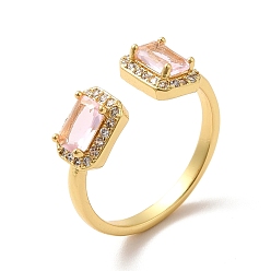 Pink Cubic Zirconia Rectangle Open Cuff Ring, Real 18K Gold Plated Brass Jewelry for Women, Pink, US Size 5 3/4(16.3mm)
