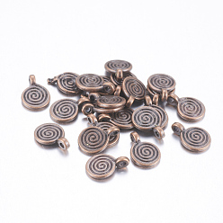 Red Copper Tibetan Style Alloy Charms, Flat Round with Swirl, Lead Free and Cadmium Free, Red Copper, 11.8x8x1.5mm, Hole: 1mm