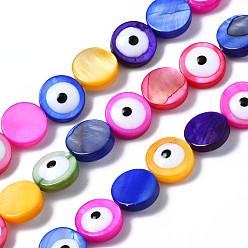 Mixed Color Natural Freshwater Shell Beads Strands, with Enamel, Dyed, Flat Round with Evil Eye, Mixed Color, 8x3~4mm, Hole: 0.8mm, about 48~49pcs/strand, 15.35 inch(39cm)