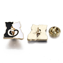 Black Alloy Brooches, Enamel Pin, with Brass Butterfly Clutches, Cat Shape, Light Gold, Black, 18x19x2mm, Pin: 1mm