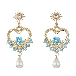 Magnesite Natural Magnesite & Glass Seed Dangle Earrings for Women, Heart, Brass Micro Clear Cubic Zirconia Sun Stud Earrings, 57x26mm