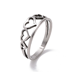 Stainless Steel Color 201 Stainless Steel Hollow Heart Finger Ring for Valentine's Day, Stainless Steel Color, US Size 6 1/2(16.9mm)