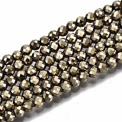 Pale Goldenrod Electroplate Non-magnetic Synthetic Hematite Beads Strands, Round, Faceted, Pale Goldenrod, 3mm, Hole: 0.8mm, about 137~139pcs/strand, 15.55 inch~15.67 inch(39.5cm~39.8cm)