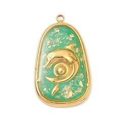 Весенне-зеленый 304 подвески из нержавеющей стали, эпоксидной смолы, с натуральными ракушками и пайетками внутри, каплевидная с подвесками в виде дельфинов, реальный 18 k позолоченный, вакуумное покрытие pvd, весенний зеленый, 27x16x2.5 мм, отверстие : 1.5 мм