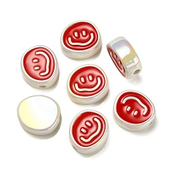 Red UV Plating Rainbow Iridescent Acrylic Enamel Beads, Oval with Smiling Face Pattern, Red, 19.5x21.5x9mm, Hole: 3.5mm