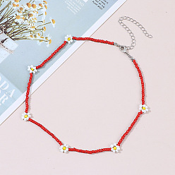 Red Boho Flower Beaded Necklace Handmade Ethnic Jewelry for Women
