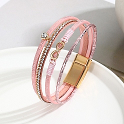 Pink Infinity Link PU Leather Multi-strand Bracelets, with Magnetic Clasp, Pink, 8-1/8 inch(20.5cm)
