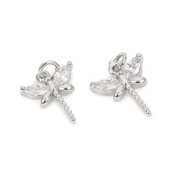 Platinum Brass Micro Pave Cubic Zirconia Charms, with Jump Rings, Dragonfly, Clear, Platinum, 11.8x10.5x2.5mm, Jump Rings: 4x0.8mm, 2.5mm Inner Diameter