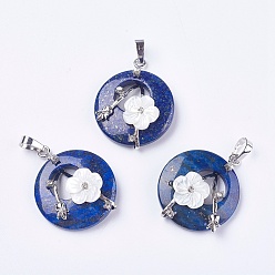 Lapis Lazuli Natural Lapis Lazuli Pendants, with Shell, Rhinestone and Platinum Tone Brass Findings, Flat Round with Flower, 35.5~36x28x8mm, Hole: 5x8mm