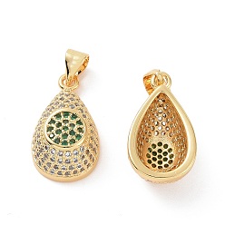 Green Brass Micro Pave Cubic Zirconia Pendants, Real 18K Gold Plated, Teardrop with Flat Round Pattern Charm, Green, 19.5x11x7mm, Hole: 3.5x4mm