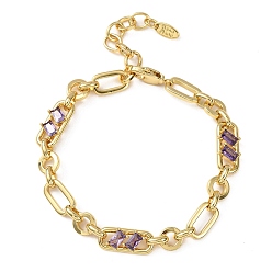 Фиолетовый Браслет-цепочка из латуни в виде кольца и скрепки с микропаве из кубического циркония для женщин., реальный 18 k позолоченный, без кадмия и без свинца, стойки покрытие, долговечный, фиолетовые, 6.89 дюйм (17.5 см)
