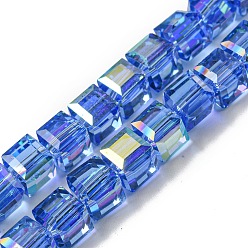 Royal Blue Electroplate Glass Beads Strands, Half Rainbow Plated, Faceted, Cube, Royal Blue, 7~7.5x7~7.5x7~7.5mm, Hole: 1mm