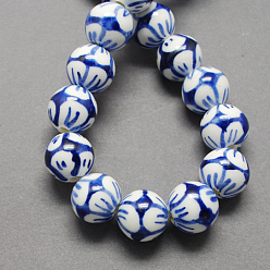 Blue Handmade Porcelain Beads, Blue and White Porcelain, Round, Blue, 10mm, Hole: 3mm
