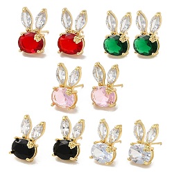 Mixed Color Rack Plating Real 18K Gold Plated Brass Rabbit Stud Earrings, with Glass, Long-Lasting Plated, Lead Free & Cadmium Free, Mixed Color, 17x10mm