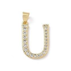Letter U Латунные микро проложить кубического циркония подвески, без свинца и без кадмия, долговечный, реальный 18 k позолоченный, стойки покрытие, Буква U, 20x14x2 мм, отверстие : 4.5x3 мм