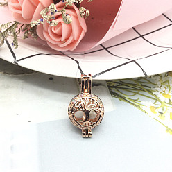 Rose Gold Brass Bead Cage Pendants, with Clear Cubic Zirconia, Tree of Life Charm, for Chime Ball Pendant Necklaces Making, Rose Gold, 25x15mm