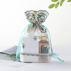 Cyan Organza Embroidery Flower Jewellery Storage Pouches, Wedding Favour Party Mesh Drawstring Gift Bags, Rectangle, Cyan, 18x13cm