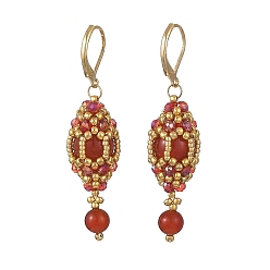 Carnelian Natural Carnelian Leveback Earrings for Women, Oval, with Glass Seed, 304 Stainless Steel Leverback Earrings for Women, Real 18K Gold Plated, 54x13.5mm