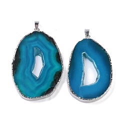 Blue Natural Agate Big Pendants, Oval Charms, Dyed & Heated, with Platinum Plated Brass Findings, Blue, 50~62x33~43x5~7mm, Hole: 7.5x4.5mm