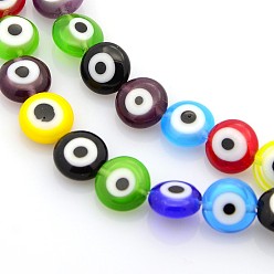 Mixed Color Handmade Evil Eye Lampwork Bead Strands, Flat Round, Mixed Color, 8x4mm, Hole: 1mm, about 47pcs/strands, 14 inch