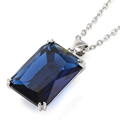 Морской Синий Прямоугольные латунные подвески с кубическим цирконием для женщин, 304 из нержавеющей стали кабель цепи ожерелья, цвет нержавеющей стали, Marine Blue, 17.91 дюйм (45.5 см)