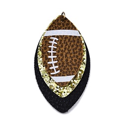 Gold Rugby Ball Pattern Imitation Leather Pendant, with Iron Jump Ring, Triple Leaf, Gold, 65~65.5x34~35x3~4.5mm, Hole: 5mm