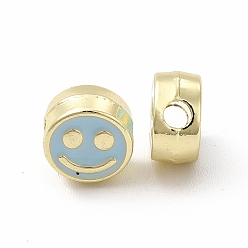 Light Cyan Rack Plating Alloy Enamel Beads, Cadmium Free & Nickel Free & Lead Free, Flat Round with Smiling Face Pattern, Light Gold, Light Cyan, 7.5x4mm, Hole: 2mm