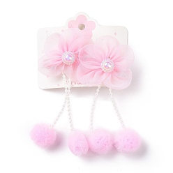 Pink Flower Cloth Metallic Alligator Hair Clips, with Acrylic Beads, Flower, Children's Day Jewelry, Pink, 105x50x15~16mm, 2pcs/card