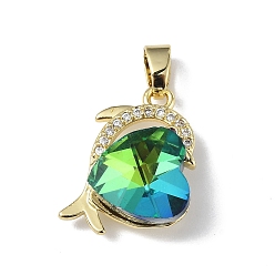 Light Green Real 18K Gold Plated Rack Plating Brass Micro Pave Clear Cubic Zirconia Pendants, with Glass, Long-Lasting Plated, Cadmium Free & Lead Free, Dolphin with Heart Charm, Light Green, 20.5x17x8mm, Hole: 5.5x3.5mm