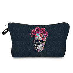 Black Halloween Skull Pattern Polyester Waterpoof Makeup Storage Bag, Multi-functional Travel Toilet Bag, Clutch Bag with Zipper for Women, Black, 22x18x13.5cm
