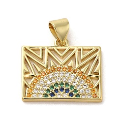 Real 14K Gold Plated Brass Micro Pave Cubic Zirconia Pendants, Rectangle with Rainbow, Real 14K Gold Plated, 15.5x18x1.5mm, Hole: 4.5x3.5mm