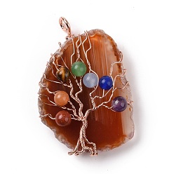 Dark Red Natural Agate Big Pendants, with Rack Plating Brass Wires, Chakra Gemstone Beads, Cadmium Free & Lead Free, Dyed & Heated, Nuggets with Tree, Rose Gold, Dark Red, 58~62x37~47x13~14mm, Hole: 4~6mm