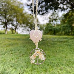 Citrine Heart Rose Quartz Cord Braided Pendant Decorations, with Citrine Chip Rings, Car Hanging Ornaments, 130x30mm