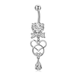Clear Piercing Jewelry, Brass Cubic Zirciona Navel Ring, Belly Rings, with 304 Stainless Steel Bar, Lead Free & Cadmium Free, Herat, Clear, 52mm, Pendant: 25x13.5mm, Bar: 14 Gauge(1.6mm), Bar Length: 3/8"(10mm)