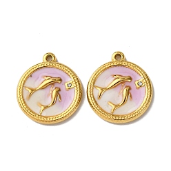 Сливовый 304 из нержавеющей стали горный хрусталь подвески, Эмаль стиле, плоский круглый с подвесками в виде дельфинов, вакуумное покрытие pvd, реальный 18 k позолоченный, слива, 20x17.5x3 мм, отверстие : 1.4 мм