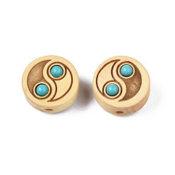 Navajo weiß Buchsbaumperlen, mit türkisfarbenem Harz, ungefärbt, flach rund mit Yin-Yang-Muster, Navajo weiß, 15x9 mm, Bohrung: 1.8 mm