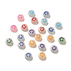 Mixed Color Luminous Acrylic Beads, Glow in the Dark, Flat Round with Smiling Face Pattern, Mixed Color, 10x5mm, Hole: 2mm, about 1450pcs/500g