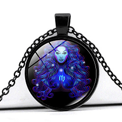 Virgo Constellation Glass Pendant Neckalace, Blue Pendant Necklace with Zinc Alloy Chains, for Men Women, Virgo, 17.72 inch(45cm), Pendant: 25mm