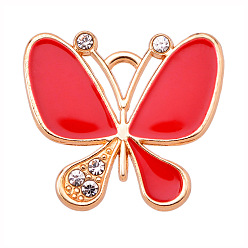 Red Alloy Enamel Pendants, with Rhinestone, Butterfly Charm, Golden, Red, 21x19mm