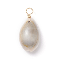 Seashell Color Natural Cowrie Shell Dyed Pendants, with Real 18K Gold Plated Eco-Friendly Copper Wire, Seashell Color, 28~32.5x14~16.5x11~12.5mm, Hole: 3.6mm