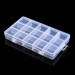 Clear Rectangle Polypropylene(PP) Bead Storage Container, Adjustable Deviders Box, with Hinged Lid and 15 Compartments, for Jewelry Small Accessories, Clear, 17x10x2.2cm, Compartment: 3.2x3cm