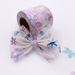 Beige 25 Yards Christmas Polyester Deco Mesh Ribbon, Hot Stamping Snowflake Tulle Fabric, for Bowknot Making, Beige, 60mm