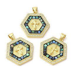 Черный Подвески из латуни с микропаве и крестом из кубического циркония, с эмалью и ракушкой, долговечный, без свинца и без кадмия, реальный 18 k позолоченный, шестиугольник, чёрные, 23.5x24x4 мм, отверстие : 5x3.5 мм