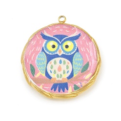 Pink Печатные 304 подвески из нержавеющей стали, плоские круглые с совой, вакуумное покрытие pvd, реальный 18 k позолоченный, розовые, 25.5x23.5x3 мм, отверстие : 1.5 мм