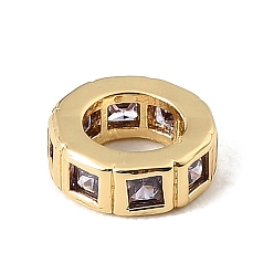 Purple Brass Pave Cubic Zirconia European Beads, Flat Round, Large Hole Beads, Rack Plating, Long-Lasting Plated, Lead Free & Cadmium Free, Real 18K Gold Plated, Purple, 8.5x3mm, Hole: 5mm